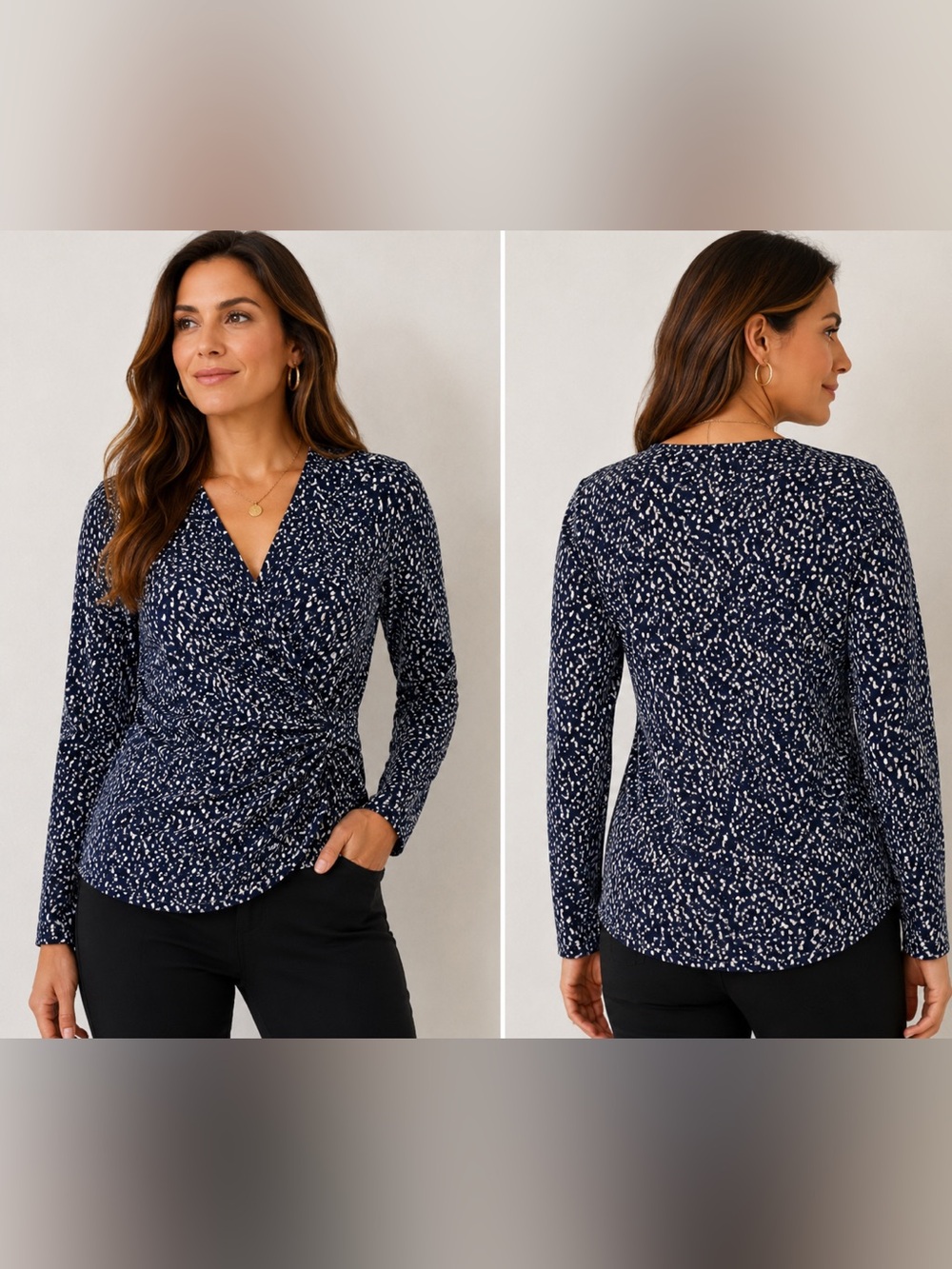 Violet & Claire Navy and White Printed Wrap Long Sleeve Top